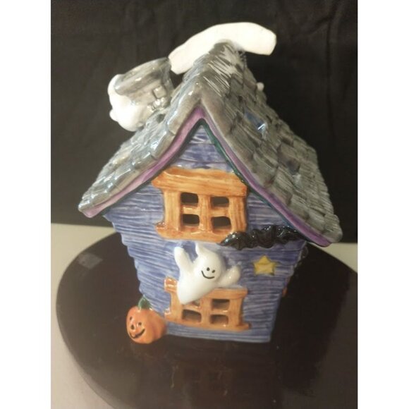 Ceramic Haunted House Votive Holder With Ghosts & Pumpkins - Picture 4 of 7
